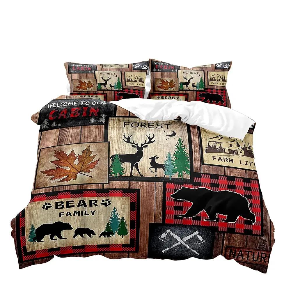Farmhouse Bedding Sets Deer Elk Moose Mountain Woodland Animals Duvet Cover, stic Bedroom Decor, 2 Pillowcases Bedroom Decor