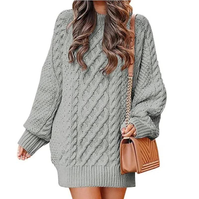 2025 New Women's Oversized Chunky Knit Dress | Cable Crew Neck Long Sleeve Sweater | Warm Mid-Length Pullover for Winter AW25 Fashion (S-3XL)