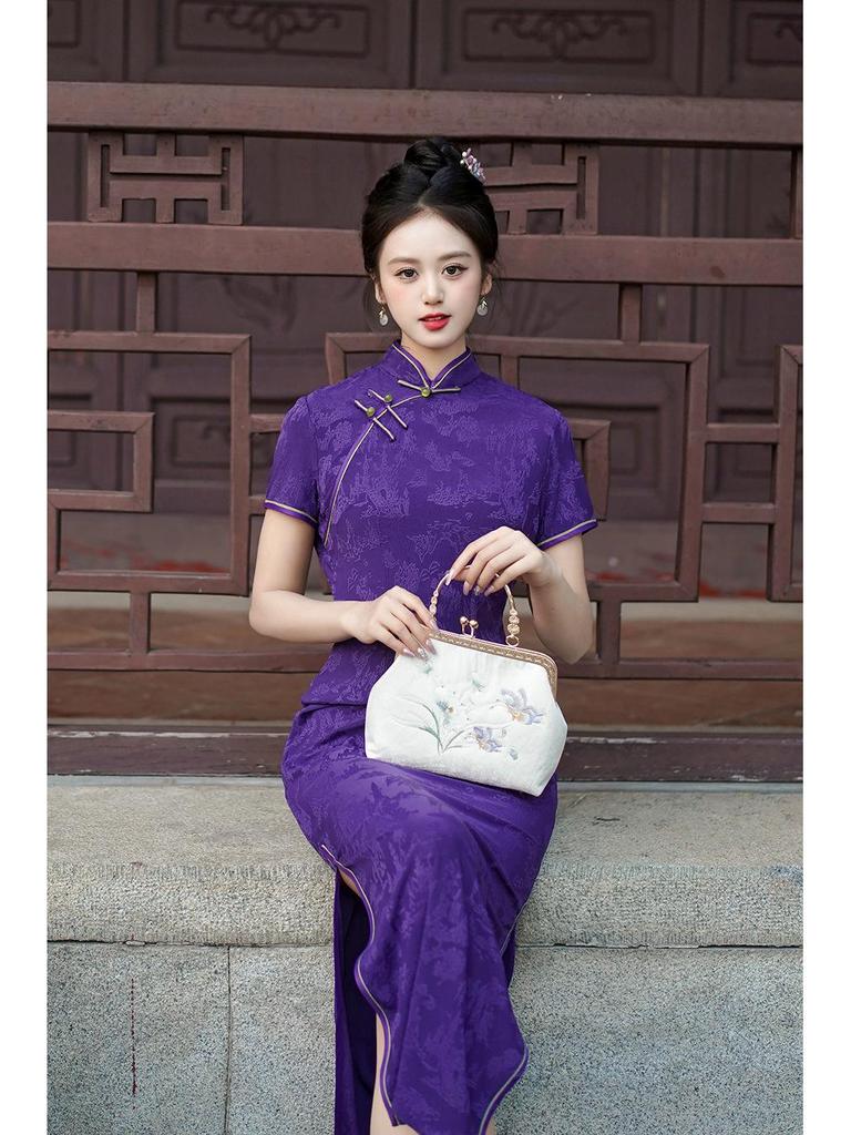 2025 Spring/Summer Red Cheongsam Long Dress - Chinese Style, Short Sleeve Performance Costume