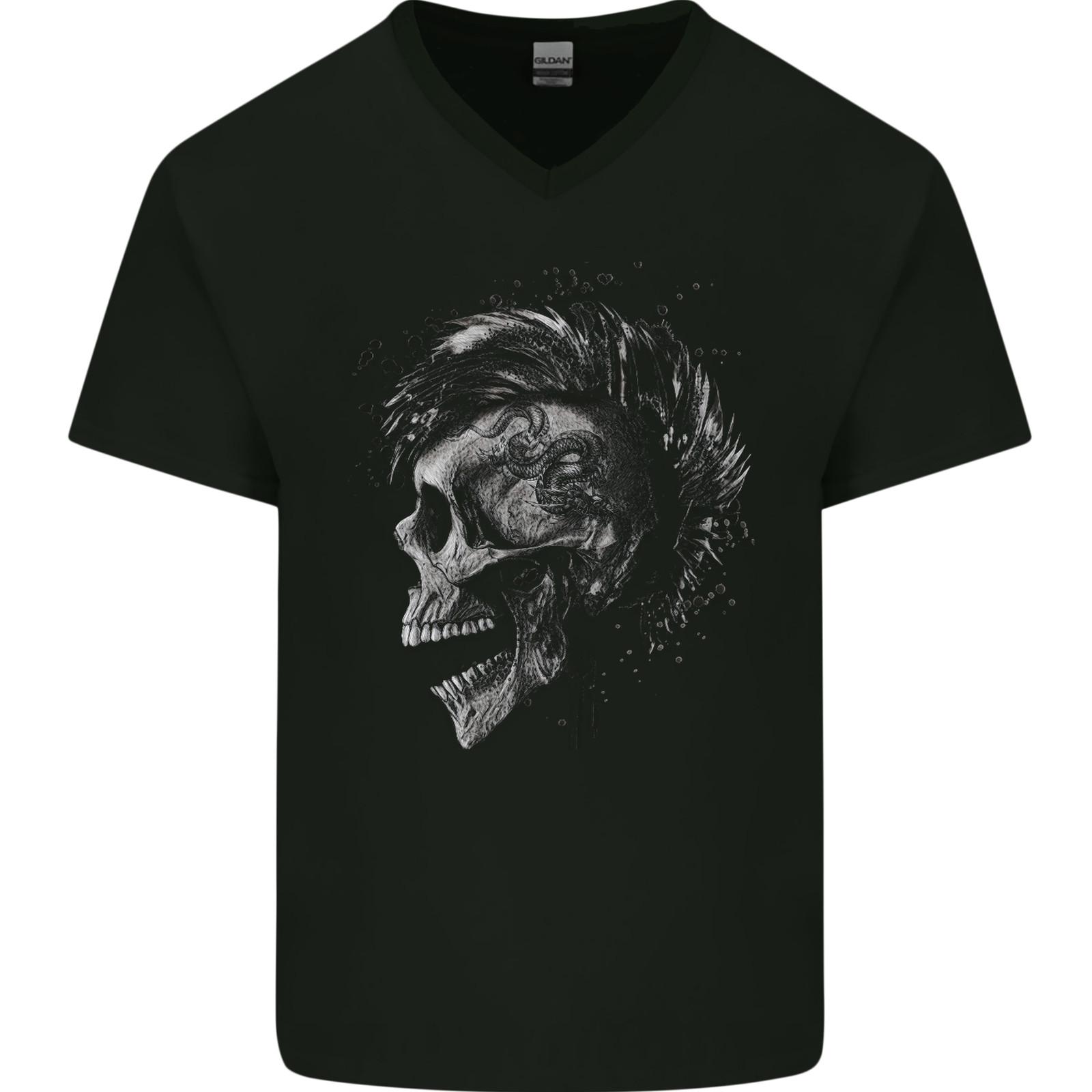Punk Rock Skull With Tattoos skull Music Mens VNeck Cotton T-shirt XL