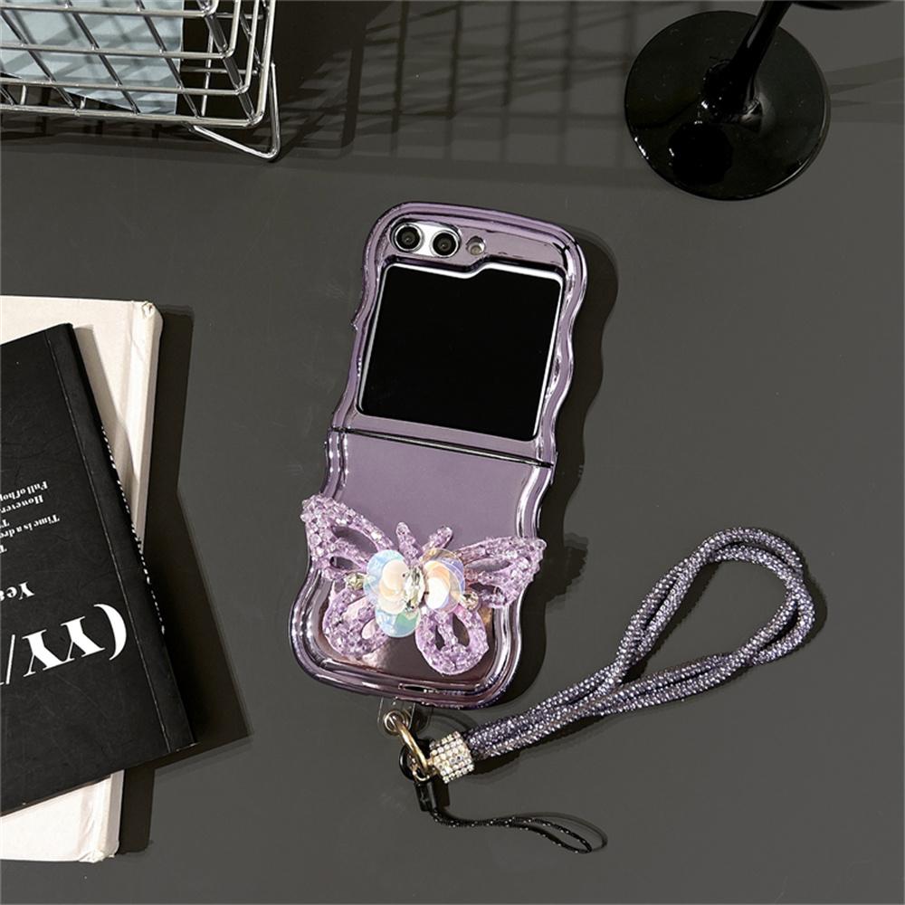 

3D Butterfly Case For Samsung Z Flip 5 Wrist Strap Cover For Samsung Galaxy Z Flip 3 z flip4 Hard Plating Wave Edge Cover For Samsung Z Flip 3
