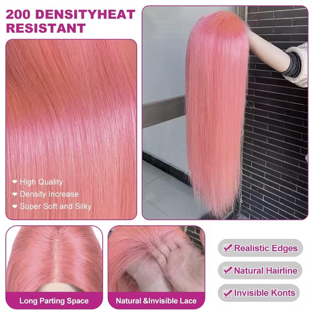 Peruci cu Plasă Frontală Roz Pal 13X4 Pentru Femei Fibră Rezistentă la Căldură Păr Sintetic Lung Drept Peruci pentru Utilizare Zilnică Petrecere Cosplay