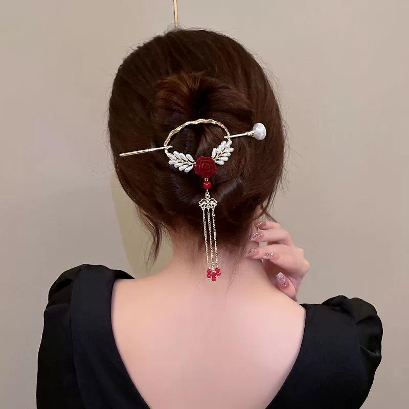 Vintage Rose Pearl Tassel Bow Hair Hairpin Chinese High-end Rhinestone Hair Accessory Women's Fashion Jewelry Headwear Wholesale
