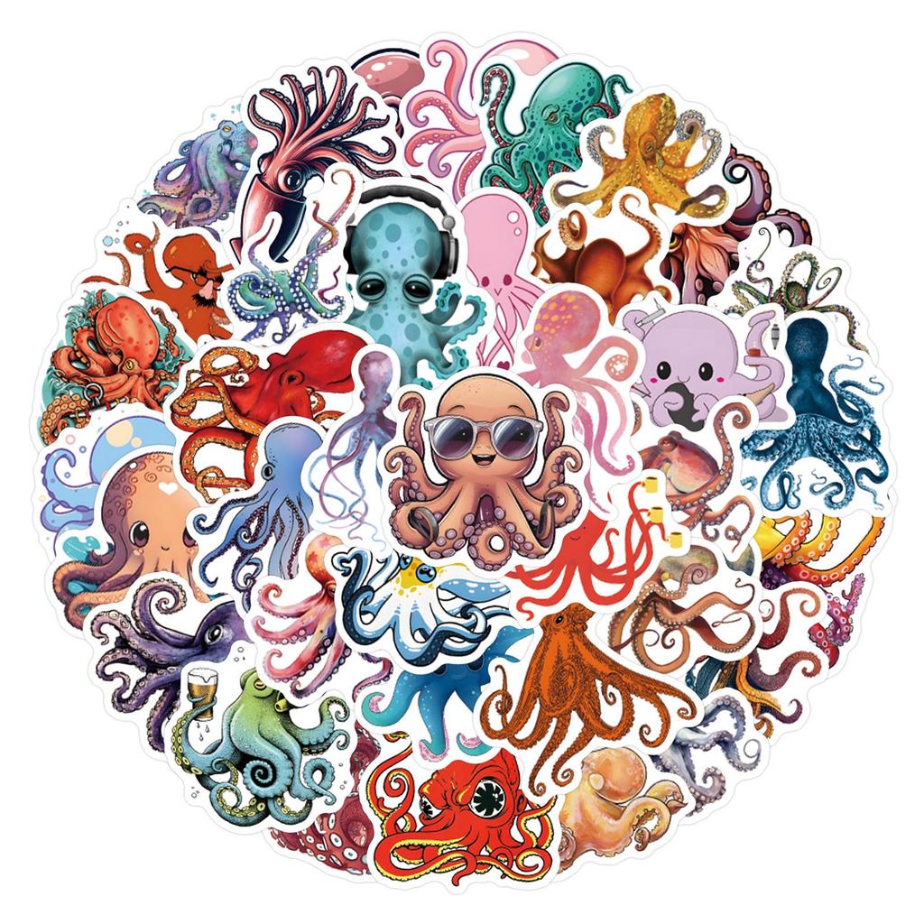 55 Ocean Creature Stickers: Octopus Cartoon Waterproof Decals for Planners, Water Bottles, Computers, and More.