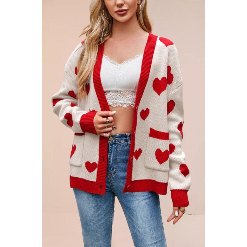 

New women s clothing Valentine s Day love peach knitted cardigan pocket V-neck regular jacket S абрикосовый