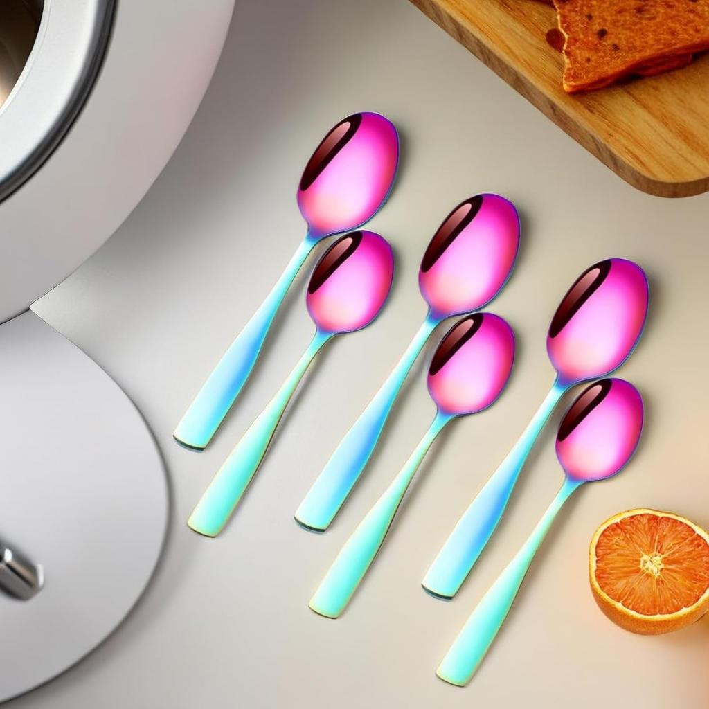 Rainbow Teaspoon Set of 6, 6 inches Mini Stainless Steel Silverware Dessert Spoons Espresso Spoons for Home, Kitchen, Restaurant, Mirror Finish and