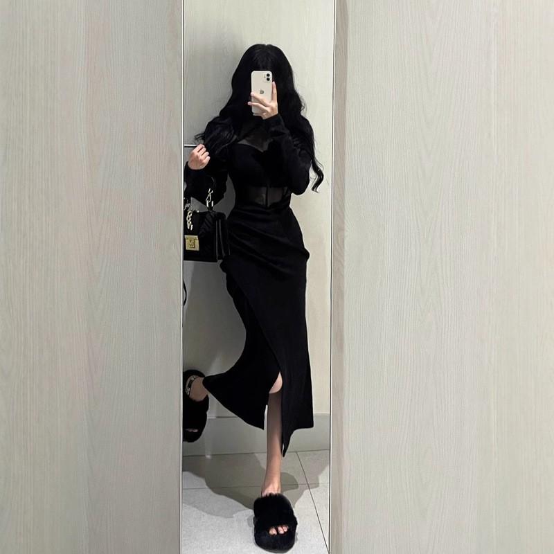 Elegant Sheer Mesh Bodycon Dress Women 2025 Long Sleeve Round Neck Short Skirt Sexy Chic Office To Night Out