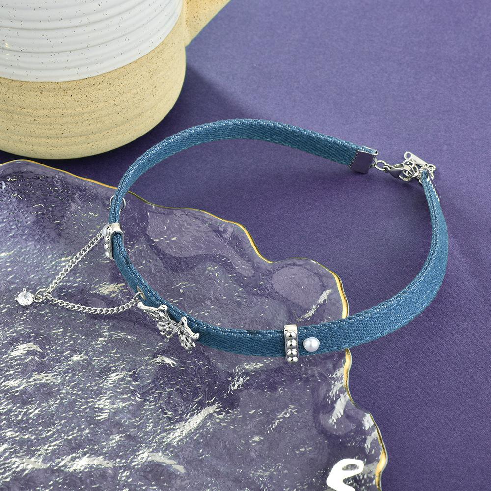 Butterfly Tassel Denim Series High Sense Love Necklace Retro Blue Choker Collarbone Chain Collar