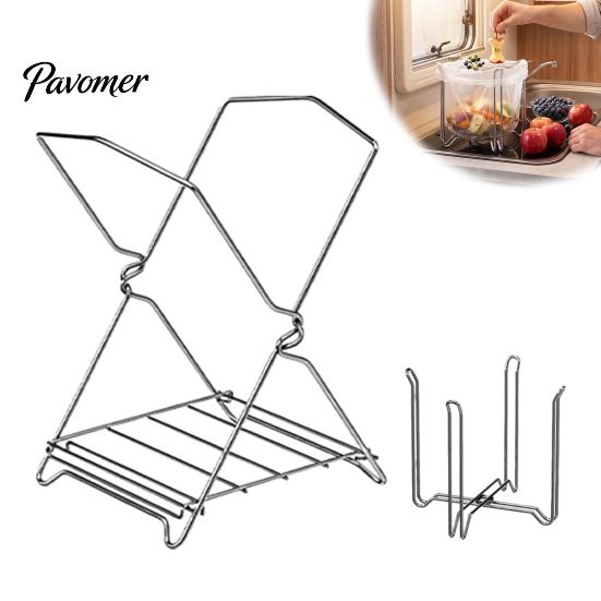 Foldable Garbage Bag Holder Stainless Steel Trash Holder, Space Saving Stable Kitchen Countertop Cleanup Tool Stand, Portable Food Waste Collector for
