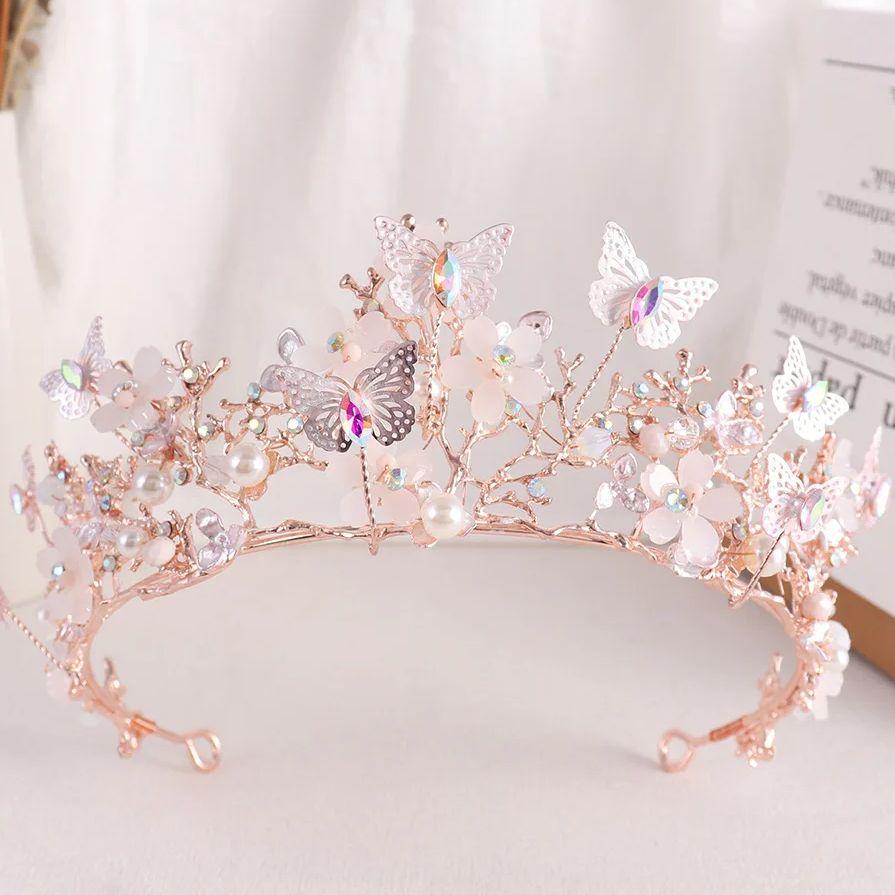 DIEZI 10 Colors Sweet Cute Crystal Pearl Crown For Women Girls Hair Accessories Elegant Bridal Butterfly Tiaras Diadem Headbands