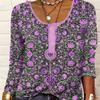 Women's V-Neck Casual Ethnic Style Printed Button Large Size Women's T-Shirt