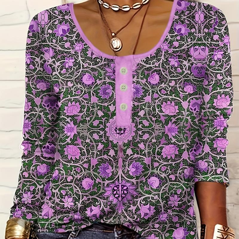 Women's V-Neck Casual Ethnic Style Printed Button Large Size Women's T-Shirt