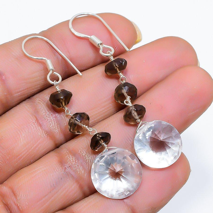 

Smoky Topaz, White Topaz Gemstone 925 Sterling Silver Jewelry Earring 2.25 GK-5184