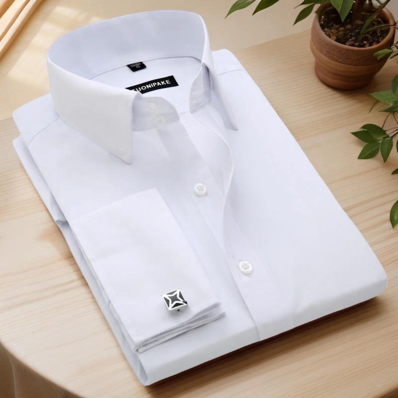 Camicia da uomo francese con gemelli, camicia da uomo a maniche lunghe slim fit per affari, senza bottoni, formale da uomo, tinta unita