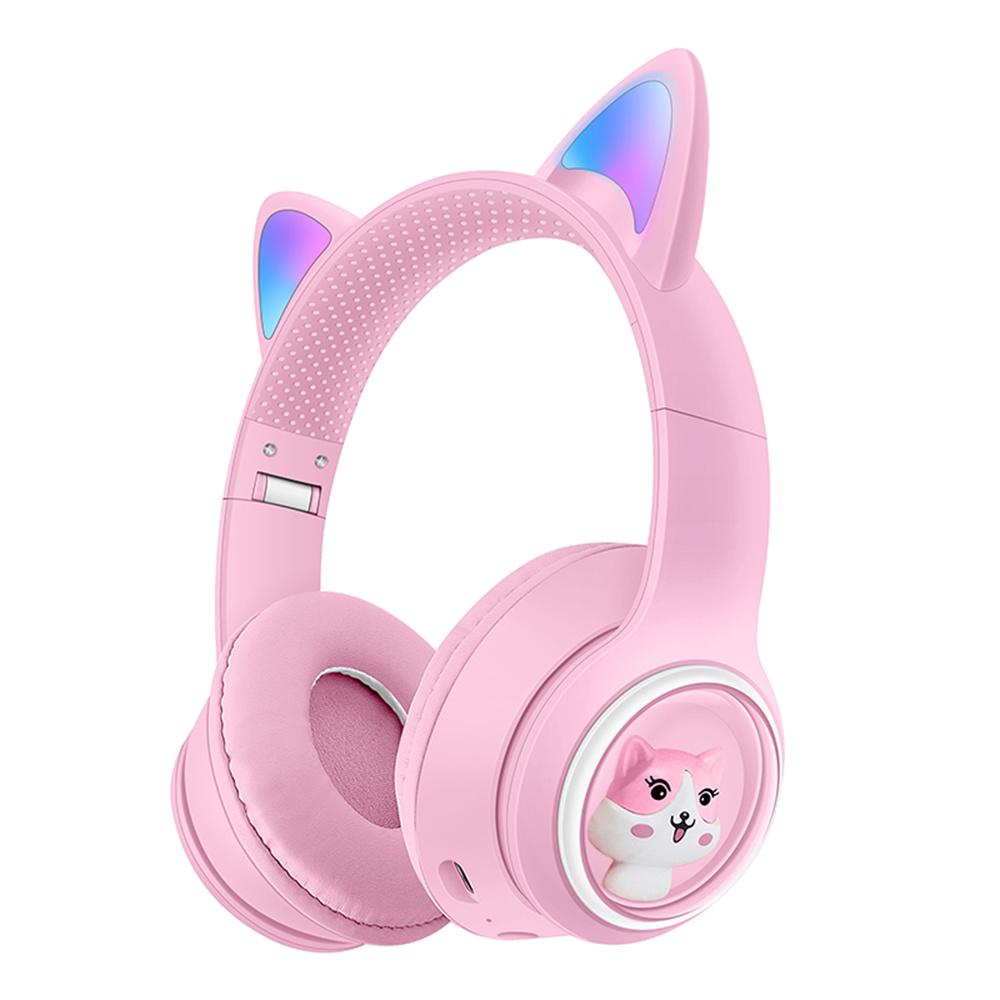 

AKZ-01 Cute Cat Ear Kids Bluetooth-compatible Headphone Stereo Music Head-Mounted Headset with Colorful Light Pink