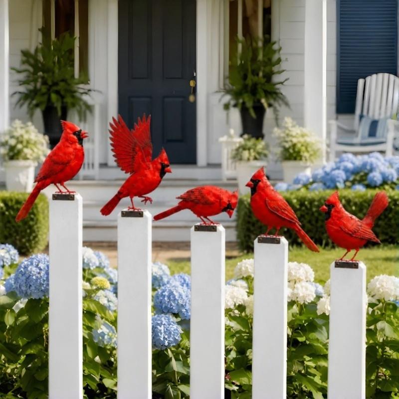 Outdoor Fence Bird Set Iron 5 Piece, Red Bird Figurines for Garden Railings, Flower Rows, Fence Lines and Yard Edges