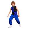 Costume da Danza Jazz Metallico per Ragazzo Collo Alto Senza Maniche Zip Posteriore Paillettes Lucide Blocco di Colore Top Pantaloni Cargo