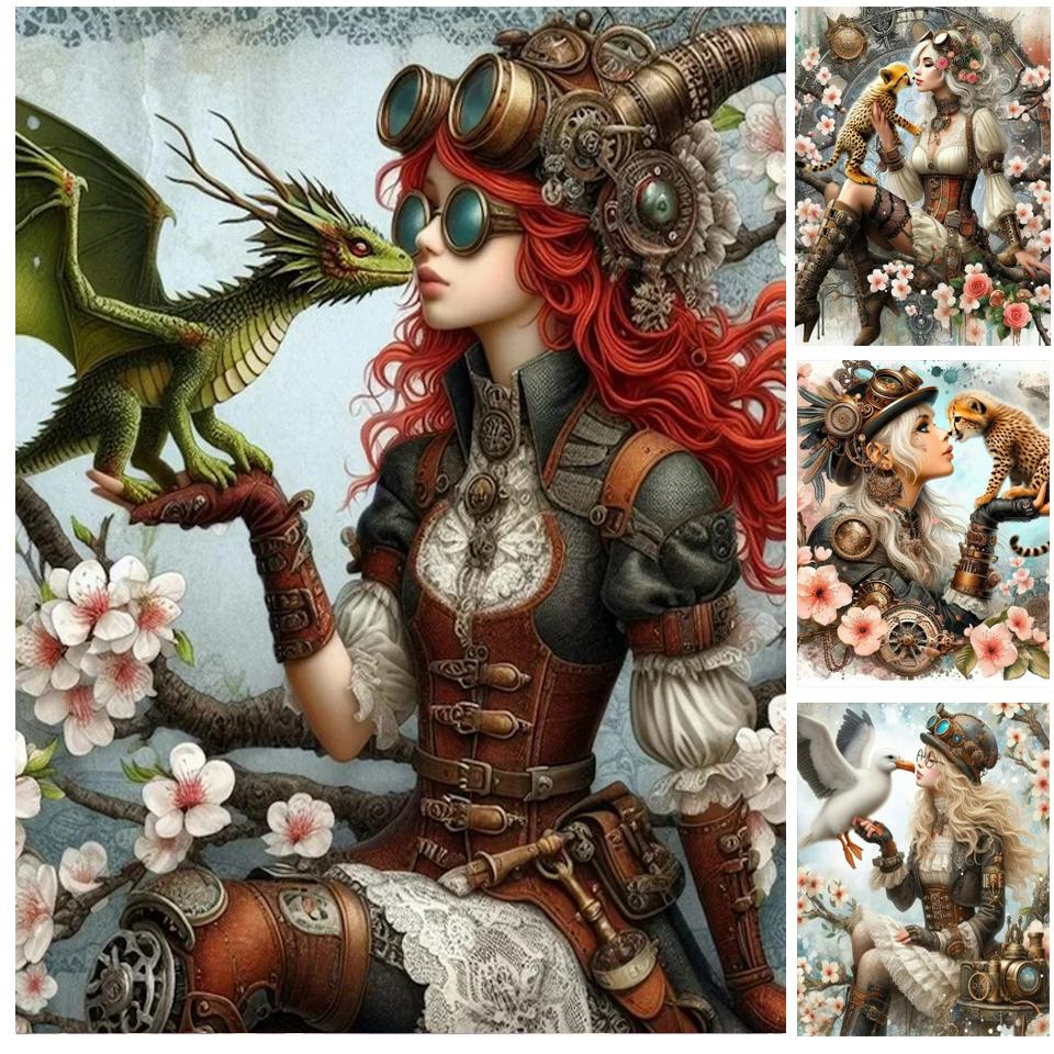 Diamond Painting Steampunk Girl With Little Dragon Bird Leopard Aniamls New 2024 5D DIY Diamond Mosaic Embroidery Cross Stith