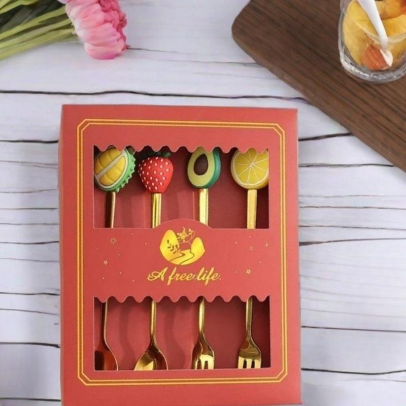 Fruit Doll Stainless Steel Spoon and Fork Christmas Coffee Dessert Spoon and Fork Gift Set Fruit Watermelon Spoon and Fork Box
