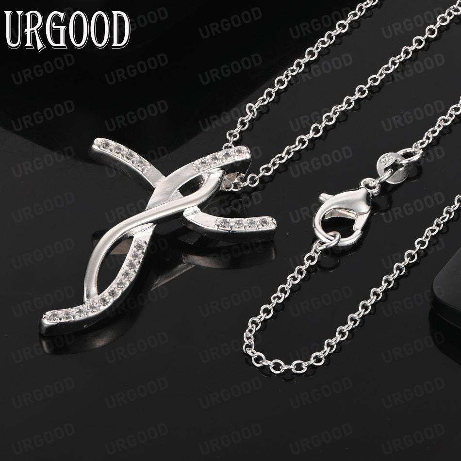925 Sterling Silver Simple Interlocking Cross Pendant Necklace Set With AAA Zircon - Stylish Evening Jewelry