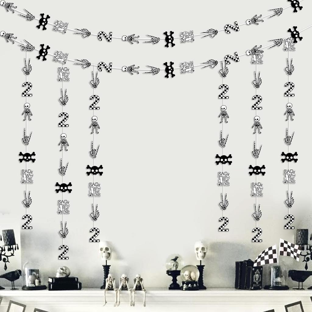 Jollyboom Bad Two The Bone Birthday Decorations Boy, 8pcs Bad 2 The Bone 2nd Birthday Hanging Garland Streamers Bone Skull Second Birthday Streamers