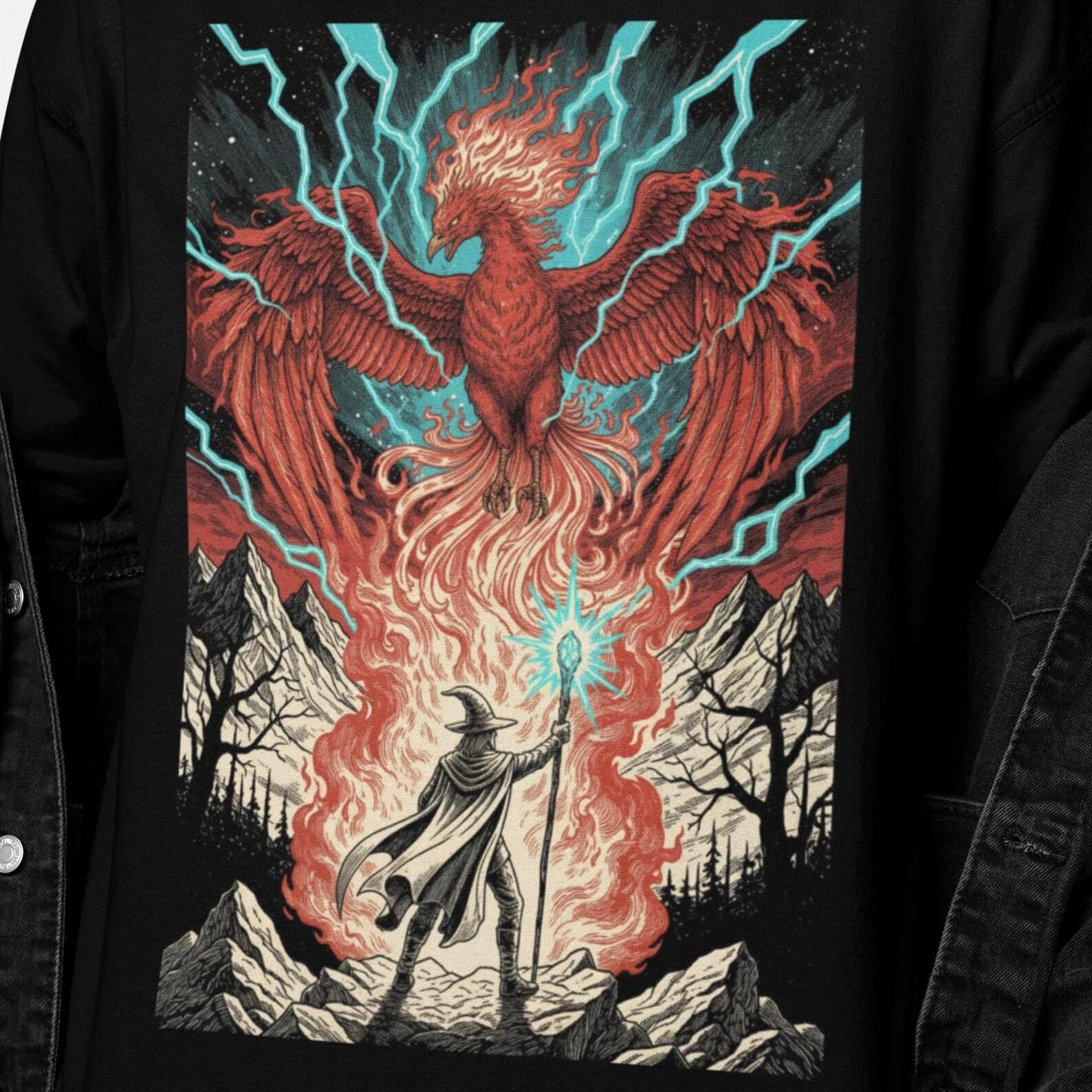 Phoenix Wizard Shirt | Fire Phoenix Tee | Fantasy Phoenix Art | Gothic Rebirth Graphic S