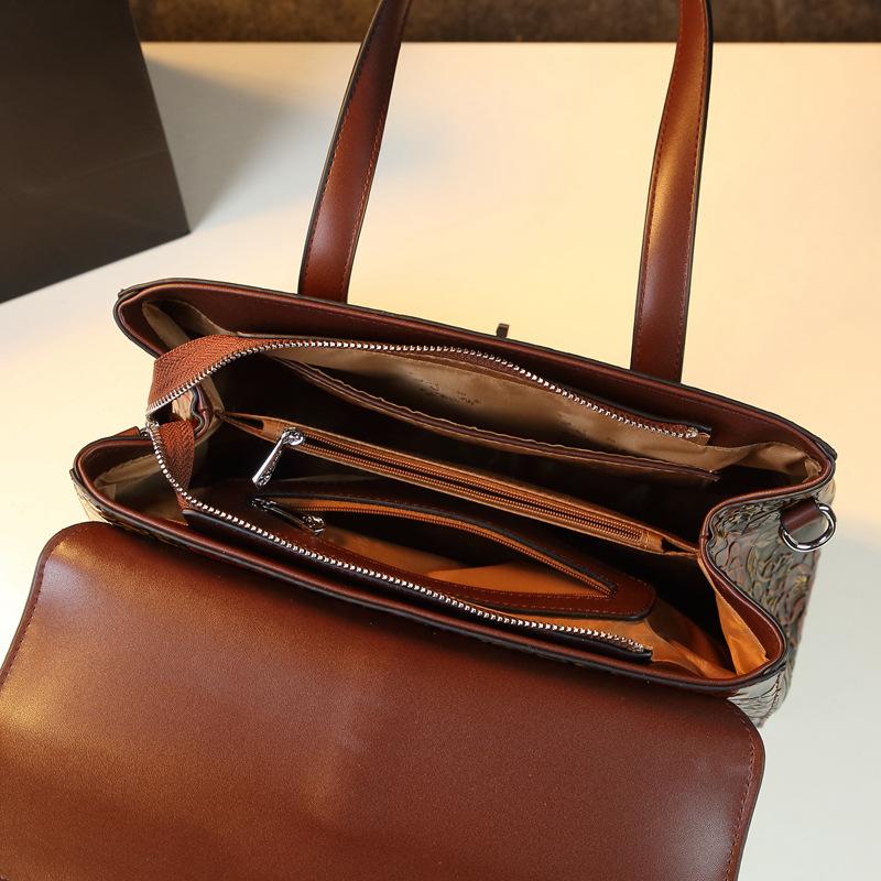 Borsa Media da Mamma Grande Capacità in Pelle Vintage con Stampa a Rilievo Borsa a Spalla Moda Versatile Borsa Tote