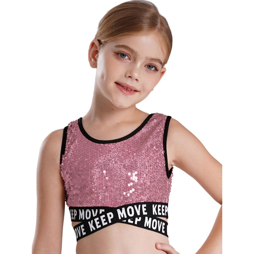 Mädchen Glitzernde Pailletten Crop Top Ärmellos Rundhalsausschnitt Überkreuzte Taille Hip Hop Dance Performance Wear