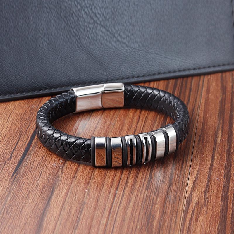 Men's Titanium Steel Braided Leather Bracelet Handmade Minimalist Leather Cuff Fashion Accessory