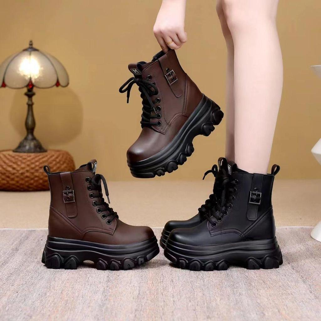 Genuine Leather Height-Boosting Women's Ankle Boots - Thick Sole, Non-Slip, Warm, Plus Velvet Lining for Autumn/Winter
