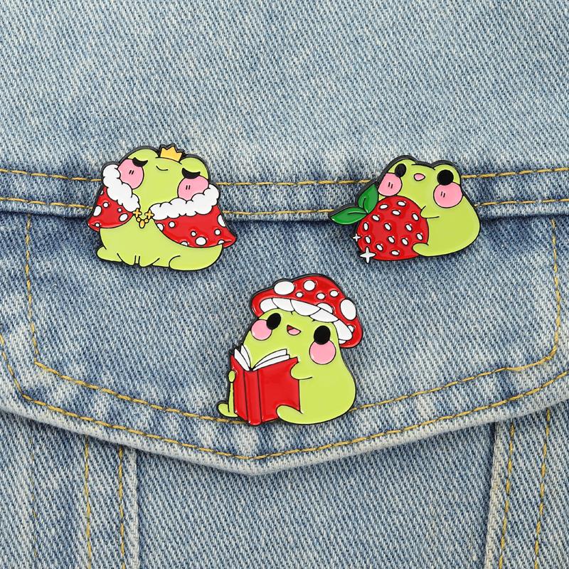 Cute Frogs Princess Enamel Pins Strawberry Mushroom Bookworm Brooches Lapel Badge Cartoon Froggy Jewelry Gift for Friends