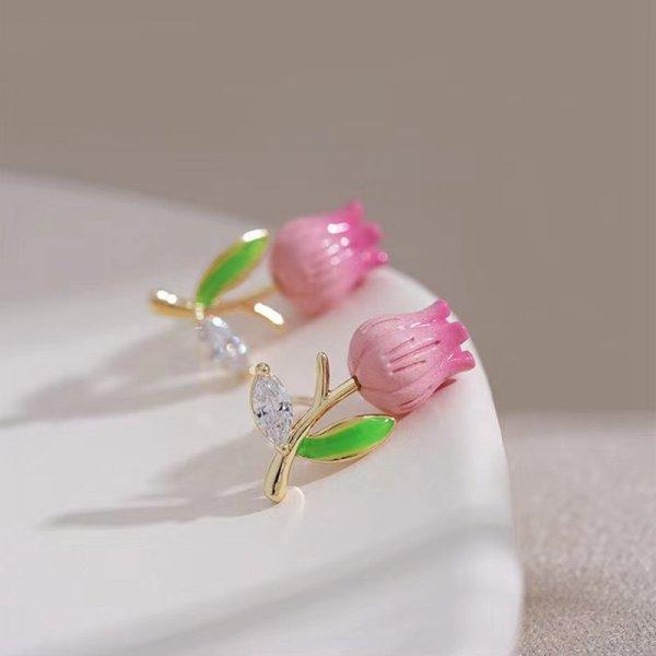 Korean Light Luxury Pink Tulip Imitation Pearl Stud Earrings For Women Two Ways To Wear Ear Studs for Girls Daily Party Jewelry