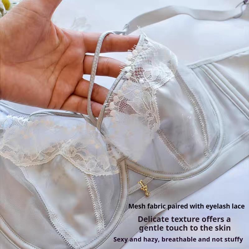 Large Bust-slimming French Bra for Women with Soft Underwire Ultra-thin Lace and Crystal Cups