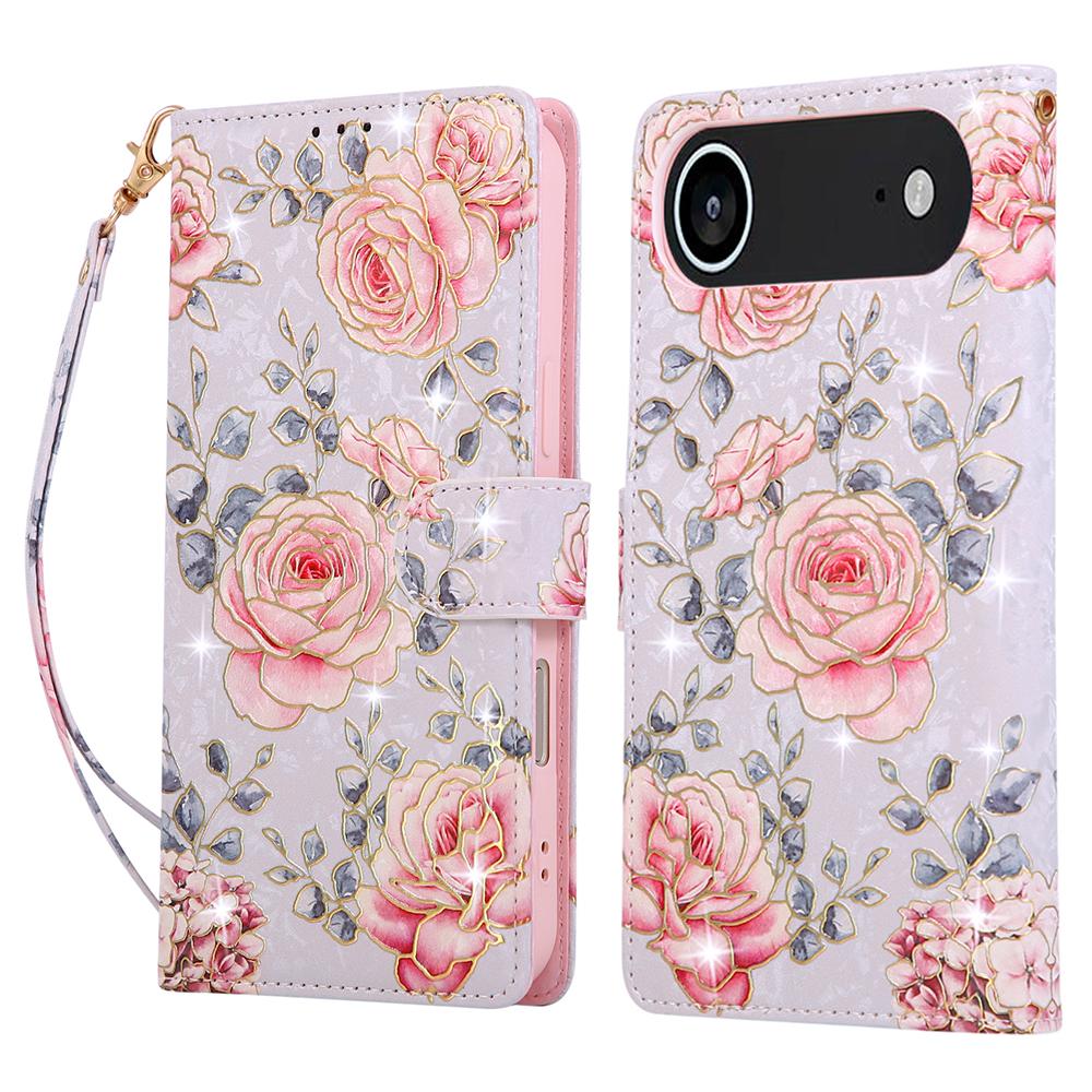 For iPhone 17 Air Case RFID Blocking Flower Leather Phone Cover with Wrist Strap