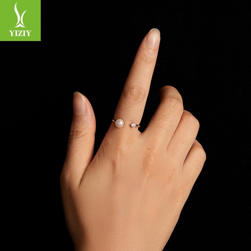 Natural Freshwater Pearl Mozzarella Diamond Ring, Simple Classic Temperament 925 Sterling Silver Open Ring Ring