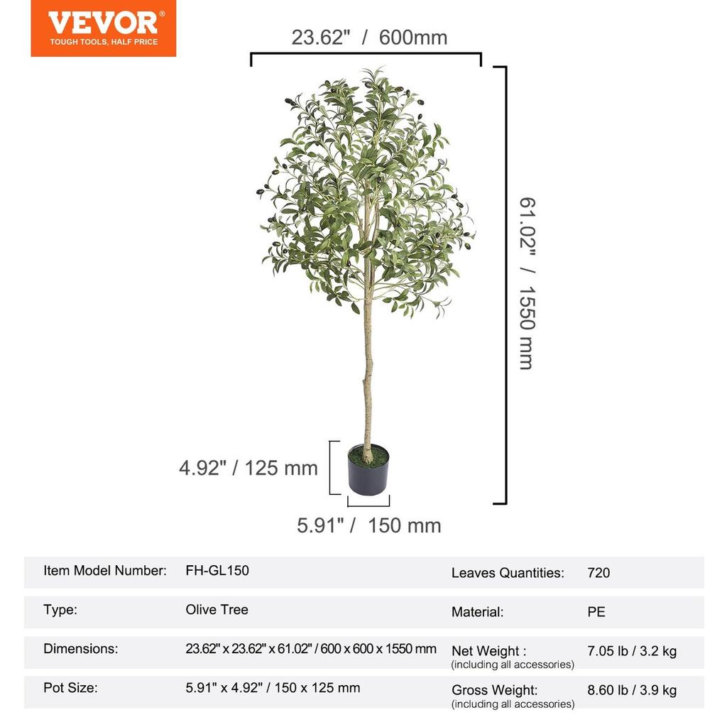 Artificial Olive Tree, 1.5 m Tall Faux Plant, Secure PE Material & Anti-Tip Tilt Protection Low-Maintenance Plant, Lifelike Green Fake Potted Tree for
