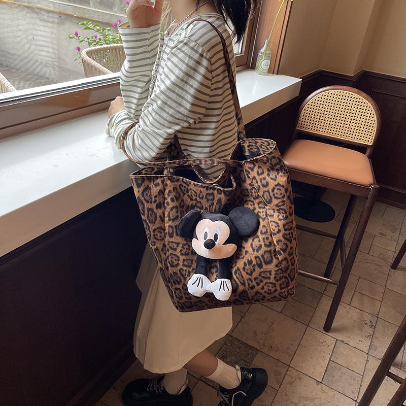 Korean Version of Fashionable Large-capacity Women's Bag 2025 New Canvas Bag Cute Cartoon Leopard Print Shoulder Tote Bag