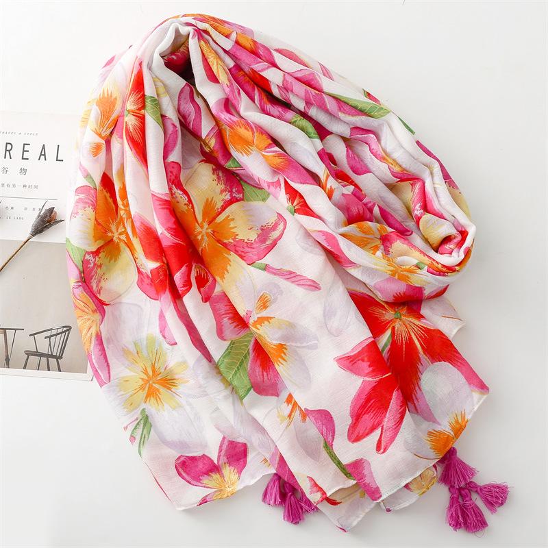 Scarf Soft Cotton And Hemp Texture Silk Scarf Women'S Hot Pot Gold Rose Pink Flower Tassel Travel Shawl