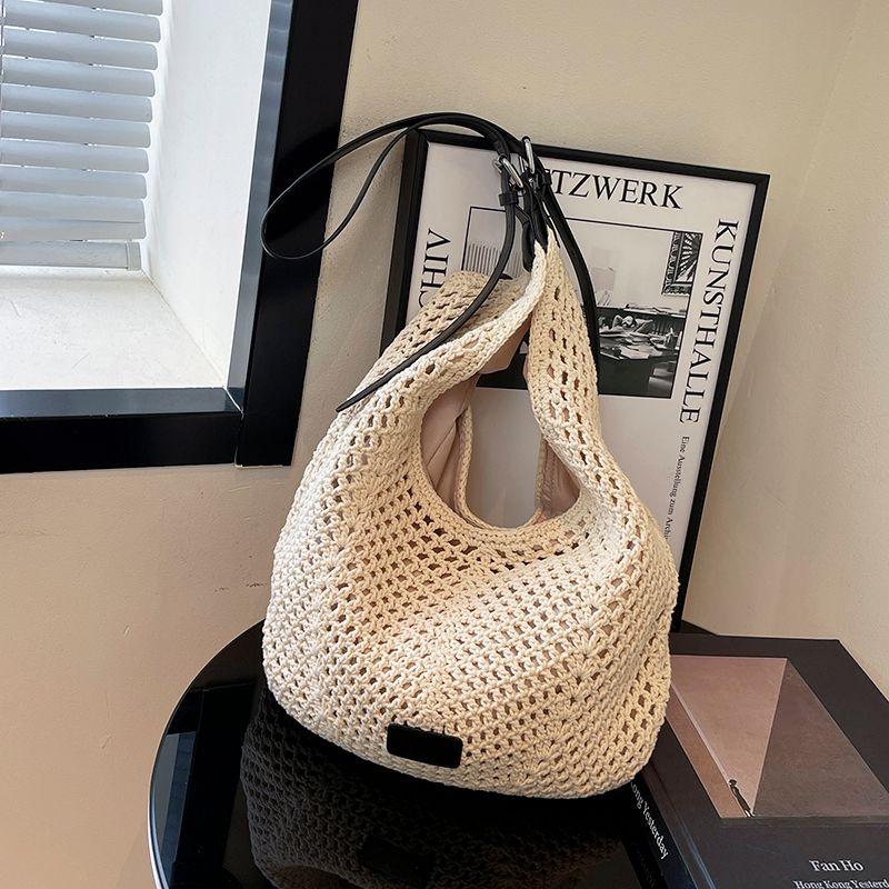 

Summer Hollow Woven Bag Women 2025 New Commuter Versatile Shoulder Messenger Bag Large Capacity Knitted Tote Bag Beige