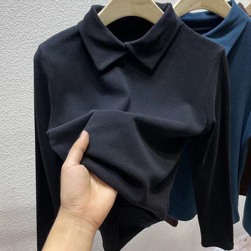 Autumn and Winter Women's Double-sided Velvet Base Shirt Soft Skin-friendly Polo Collar Base Shirt Slim Fit Warm Solid Color Stretchy Pullover Top