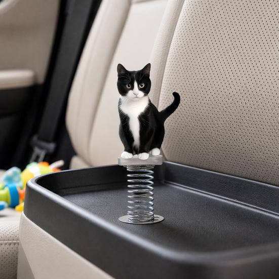 Cat Spring Car Rocking Black White Cat Figurine 2d Flat Acrylic Swaying Dashboard