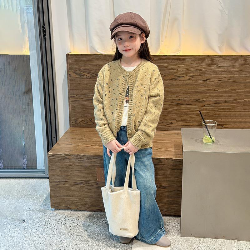 Korean Style Girls Floral Cardigan Sweater Kids Knit Casual Outerwear Top