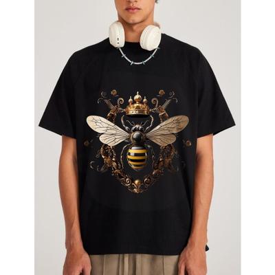 Camiseta Negra para Hombre Abeja con Corona y Diseño Ornamentado Estampado Gráfico Moda Casual Streetwear Top