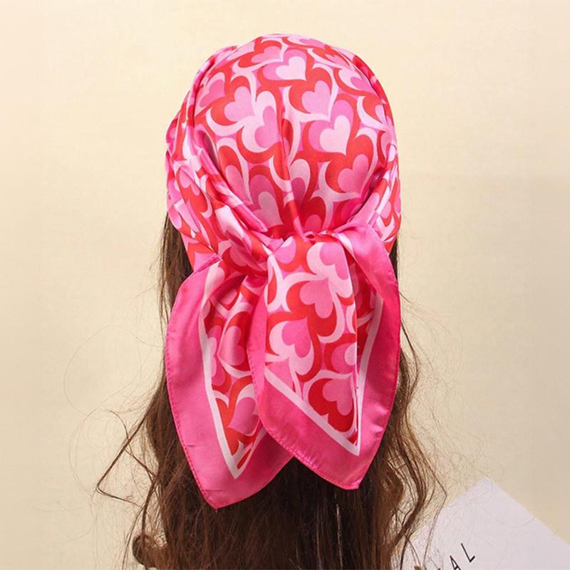Luxury Silk Scarf 70*70cm Square Pink Heart Print Women Shawl Headband Small Hair Scarves Female Handkerchief Summer