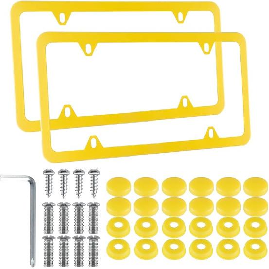 Alpmosn 2PCS Stainless Steel License Plate Frames, 4 Holes Car Licence Plate Covers with Screws Washers and Caps, Car Exterior Accessories, License
