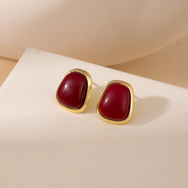 Estilo Retro Geométrico Ankara Cuadrado Rojo Gota de Aceite Hebilla de Oreja Pendientes de Diseño Simple y de Moda Pendientes de Alto Temperamento