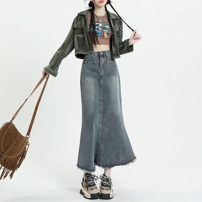 Denim Skirt Bustier Female Summer Mid-length High-waisted Thin Raw Edge A-line Package Hip Fishtail Skirt Comfortable Fashion Denim Bustier Skirt