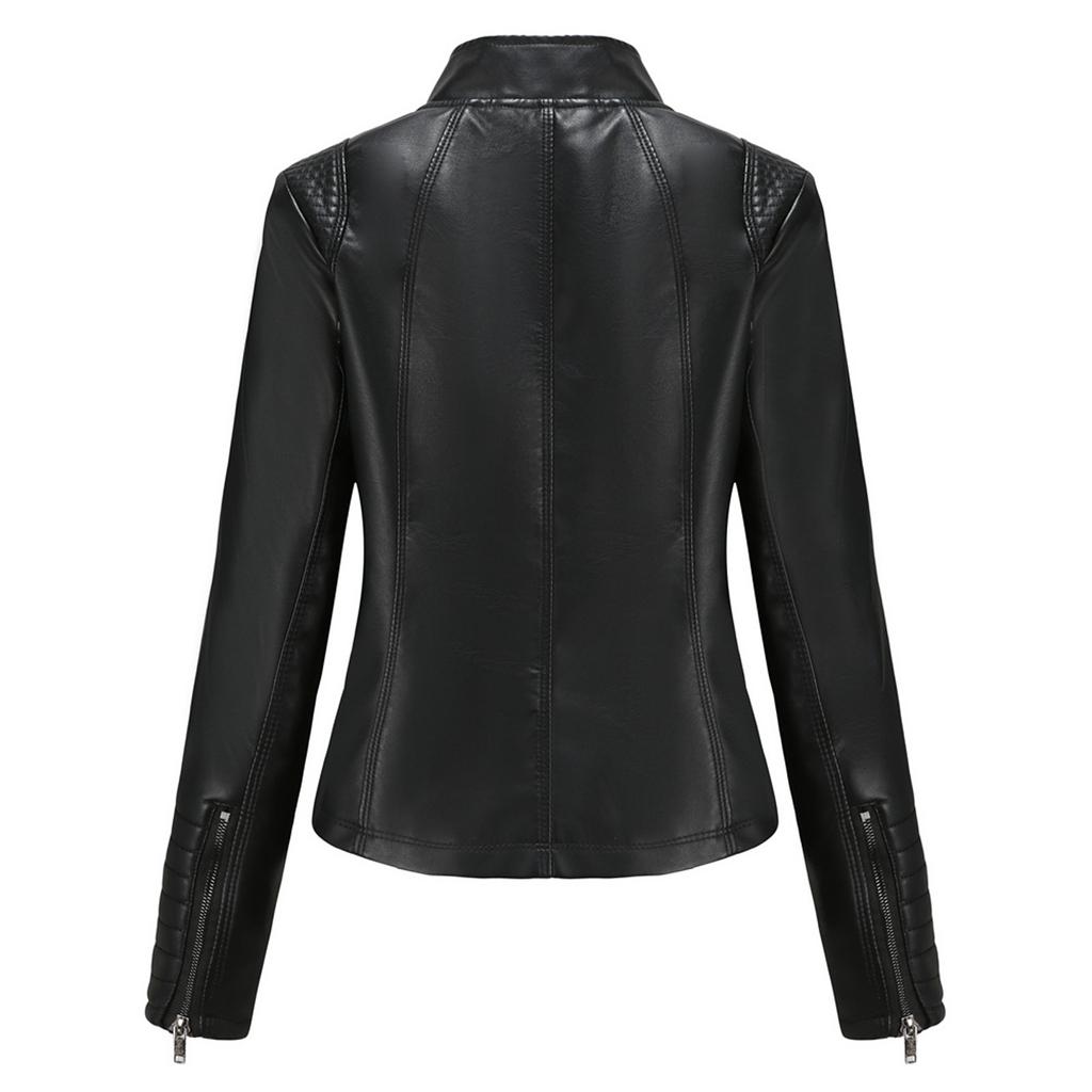 Women's Slim Leather Stand-Up Collar Zipper Stitching Solid Color Jacket