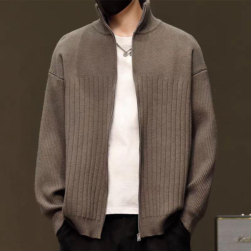 Men Striped Open Front Knit Cardigan Warm Business Outerwear Coat