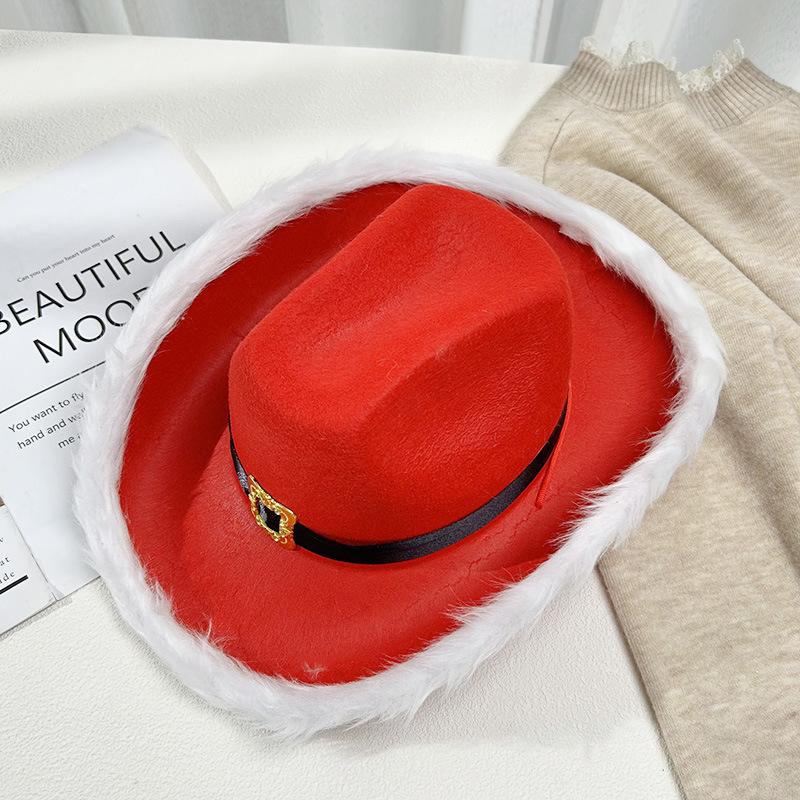 

Санта-Клаус, рождественская ковбойская шляпа, вестерн, красные фетровые шляпы, широкополая ковбойская шляпа, джазовая шляпа для женщин и мужчин, аксессуары для костюмов 56-58cm